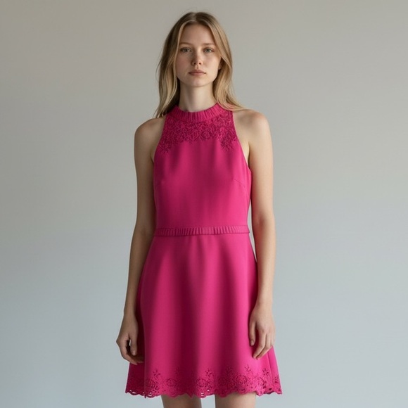 Ted Baker Hot Pink Fit & Flare Lace Dress | Cocktail | Party | Size 3 (US 8) - Picture 2 of 11